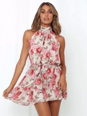 Hello Molly Floral Halter Mini Dress Pink and Cream Large